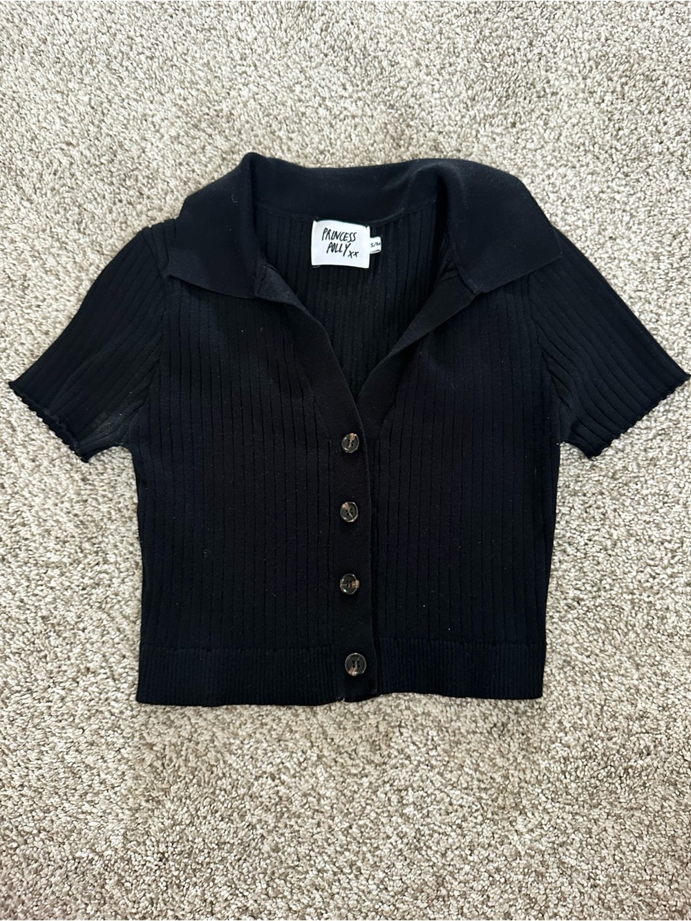 Princess Polly Black Ribbed Button-Up Short Sleeve Top